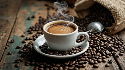 Steaming cup of coffee surrounded by roasted beans on rustic wooden table