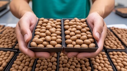 Obraz premium Hands Carefully Holding Trays of Brown Organic Seeds or Nuts for Planting or Processing