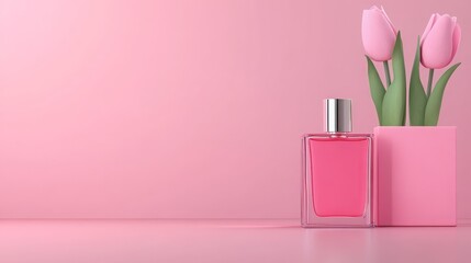 Pink Perfume Bottle with Tulips Minimalist Product Shot for Women's Fragrance Advertisement