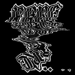 Abstract black and white graffiti with distorted, wavy letters on a dark background. Intriguing and chaotic design with sharp edges and high contrast, evoking urban street art vibes.