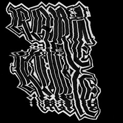 Abstract black and white artwork with bold, distorted letters creating a dynamic, wavy pattern against a dark background. The design resembles a stylized animal form.