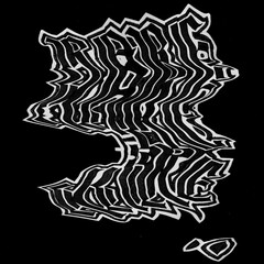 Abstract black and white artwork with bold, distorted letters creating a dynamic, wavy pattern against a dark background. The design resembles a stylized animal form.