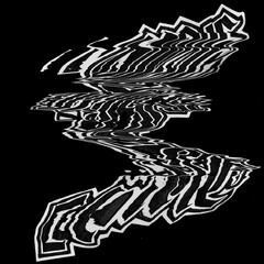 Distorted black and white abstract pattern creates a wave-like effect against a stark black background, suggesting movement and fluidity in its design with sharp, jagged edges.
