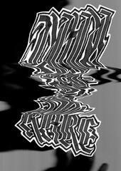 Abstract black and white distorted typography on a reflective surface. The wavy text creates a sense of movement, featuring bold, intricate patterns that evoke a modern, edgy style.