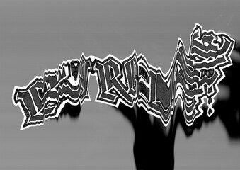 Abstract black and white graffiti design featuring distorted, bold letters with a wavy effect on a gray background. The graphic style is edgy and urban, suitable for modern artwork.