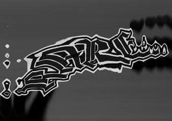 Abstract black and white graffiti art featuring bold, intricate lettering and dynamic shapes. The image has a textured, layered appearance with high contrast and artistic flair.