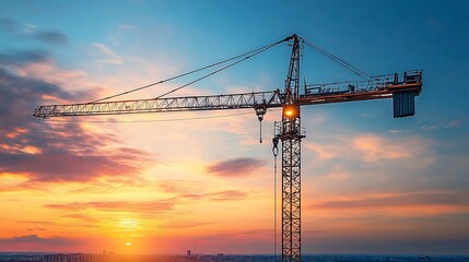 Construction Crane Silhouette at Sunset Over Cityscape