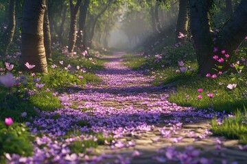 A sunlit path through a flowery forest