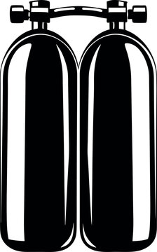 A stylized illustration of twin scuba diving cylinders with connecting manifold vector silhouette