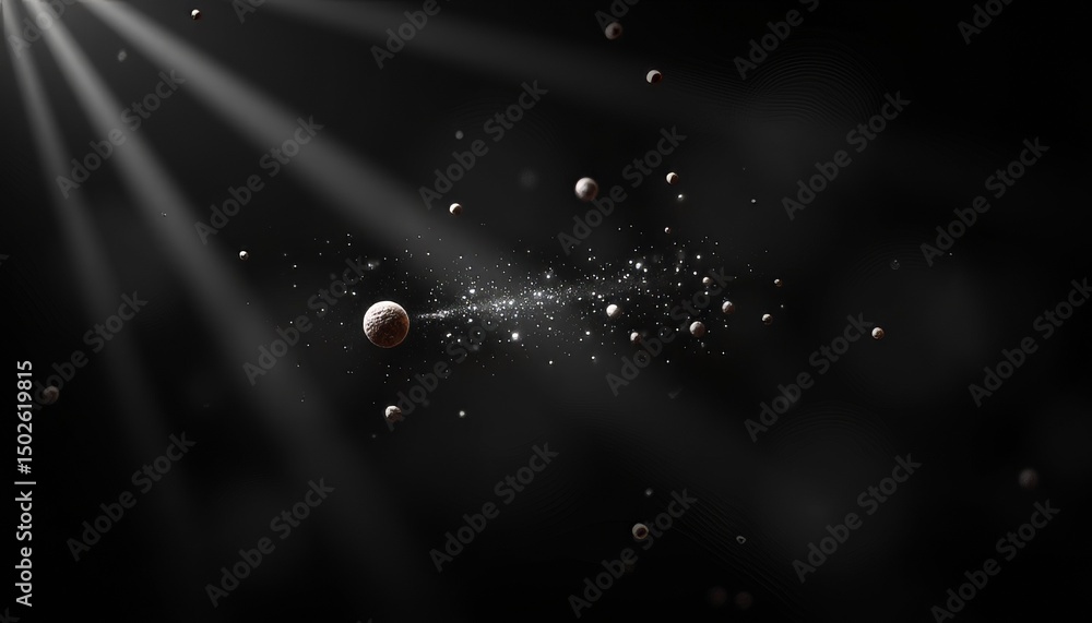 Poster abstract cosmic scene with floating spheres and light rays