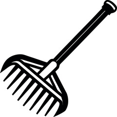Black and white illustration of a gardening rake for yard work vector silhouette