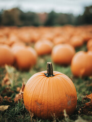 A single ripe pumpkin stands out in a vast autumn field filled with harvest.