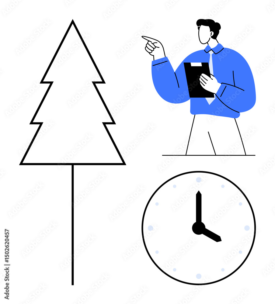 Aufkleber minimalistic design featuring man with clipboard pointing at tree and clock. ideal for sustainabilit