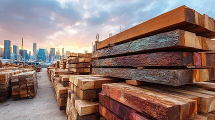 Stacked lumber in an industrial setting with a city skyline in the background under a cloudy sky at sunset. Wood is freshly cut & colorful.