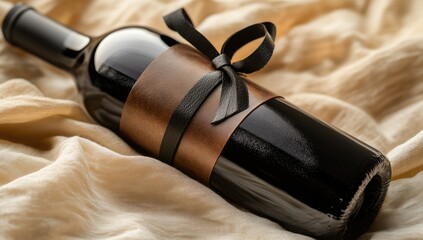 Wine bottle wrapped with a black ribbon and copper-toned label, resting on a light beige fabric