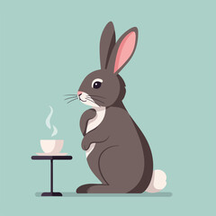 A charming vector illustration features a gray rabbit standing next to a small table with a steaming cup, set against a solid turquoise background.