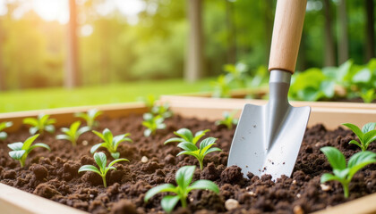 Gardening tools and young green seedlings in raised garden bed for backyard planting with copy space