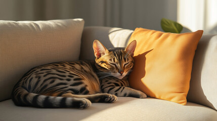 Relaxing bengal cat on a couch in sunlight with cozy cushion and copy space