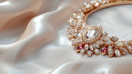 Luxury Gold Necklace with Diamonds and Rubies on Elegant Silk Background necklace gold luxury silk