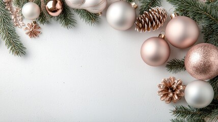 Elegant Christmas Holiday Border with Pink and Silver Ornaments on White holiday white pink silver