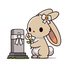 Sad Cartoon Bunny Placing Flower on Tombstone in Cemetery with White Background