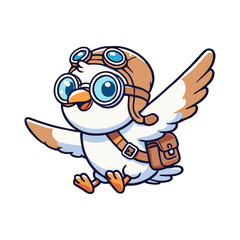 Adorable Bird Aviator Flying with Brown Helmet and Goggles on White Background