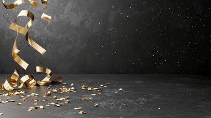 Festive Celebration Background with Golden Confetti and Ribbons on Dark Surface celebration festive