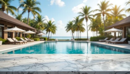 Marble countertop overlooks the infinity pool and ocean on a bright tropical day, peaceful scene.