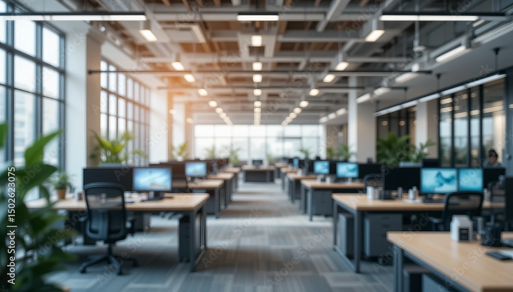 Poster a brightly lit open office space features rows of desks with computers and office plants.