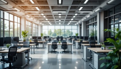 Blurred, modern office interior features rows of desks and computers bathed in natural window light