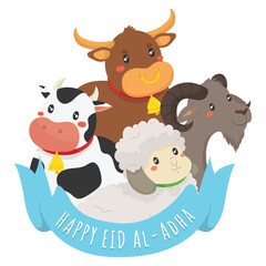 Happy eid al adha mubarak background, qurban farm animal vector illustration