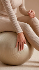 Minimalist photo of beige toned exercise ball with person wearing ribbed beige outfit sitting it, showing calm and relaxed mood