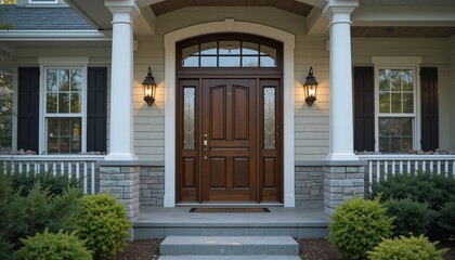 Inviting entryway of a residential home featuring a solid wood door and manicured front yard area