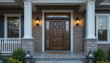 Inviting entrance showcases a well-lit, elegant front door with warm lights at twilight hour.