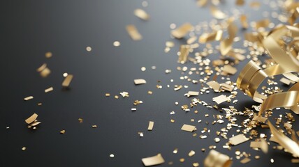 Festive Golden Confetti and Ribbons Scattering on Dark Background festive golden confetti background