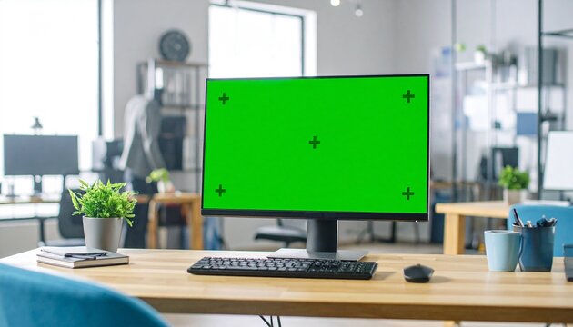 Desktop Computer with Mock-up Green Screen Standing on the Wooden Desk in the Modern Creative Office. - Powered by Adobe