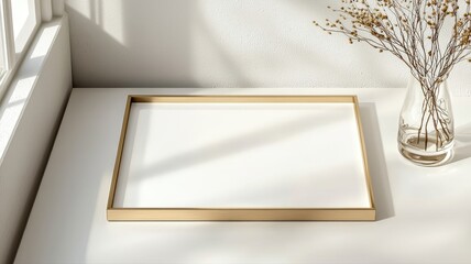 Golden Frame Mockup in Modern Minimalist Interior with Sunlight frame mockup golden modern interior