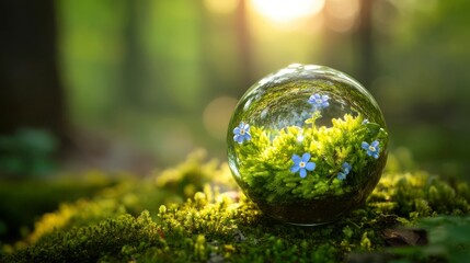A vibrant earth-shaped terrarium with lush moss and wildflowers, celebrating nature's delicate beauty on World Environment Day