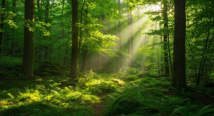Obraz premium Sunbeams Illuminating Lush Green Forest Path