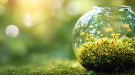A vibrant earth-shaped terrarium with lush moss and wildflowers, celebrating nature's delicate beauty on World Environment Day