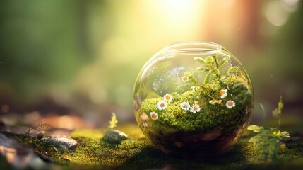 A vibrant earth-shaped terrarium with lush moss and wildflowers, celebrating nature's delicate beauty on World Environment Day