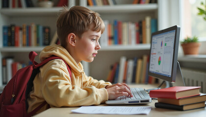 Young boy studying at computer while sitting at desk in cozy library  