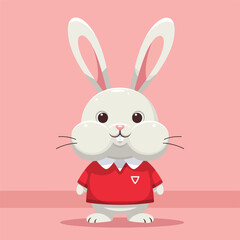 A cute cartoon bunny with white fur and a red shirt, standing against a pink background, showcases a simple and adorable design.