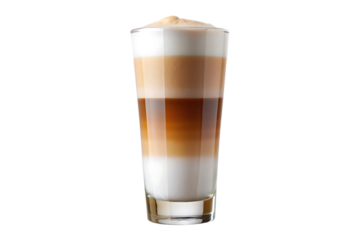 layered latte macchiato in tall clear glass image isolated on transparent background