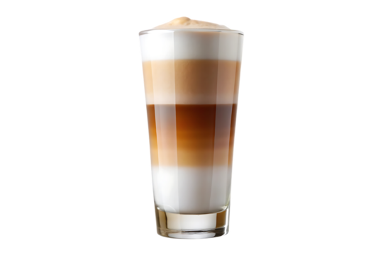 layered latte macchiato in tall clear glass image isolated on transparent background