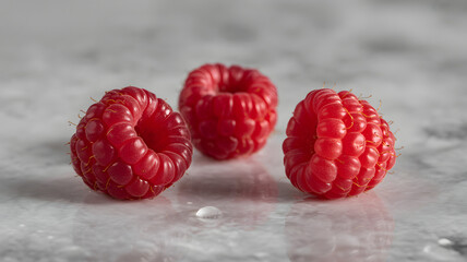 Three raspberries on a marble surface, monochrome background, accented with water droplets.