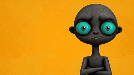 Brooding Humanoid with Turquoise Eyes Against an Orange Glitter Background