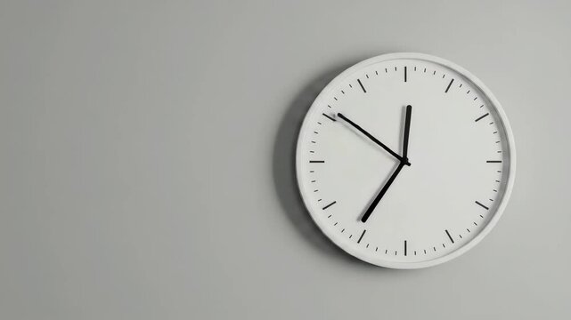 A simple, white wall clock ticks quietly while indicating the time in a bright, spacious setting