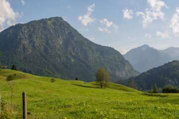 Verdant rolling hills unfold at the foot of a rugged mountain in Nebelhorn, bathed in afternoon...