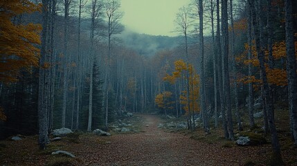 Fototapeta premium Pathway Through Autumnal Forest With Bare Trees and Colorful Foliage in Overcast Day